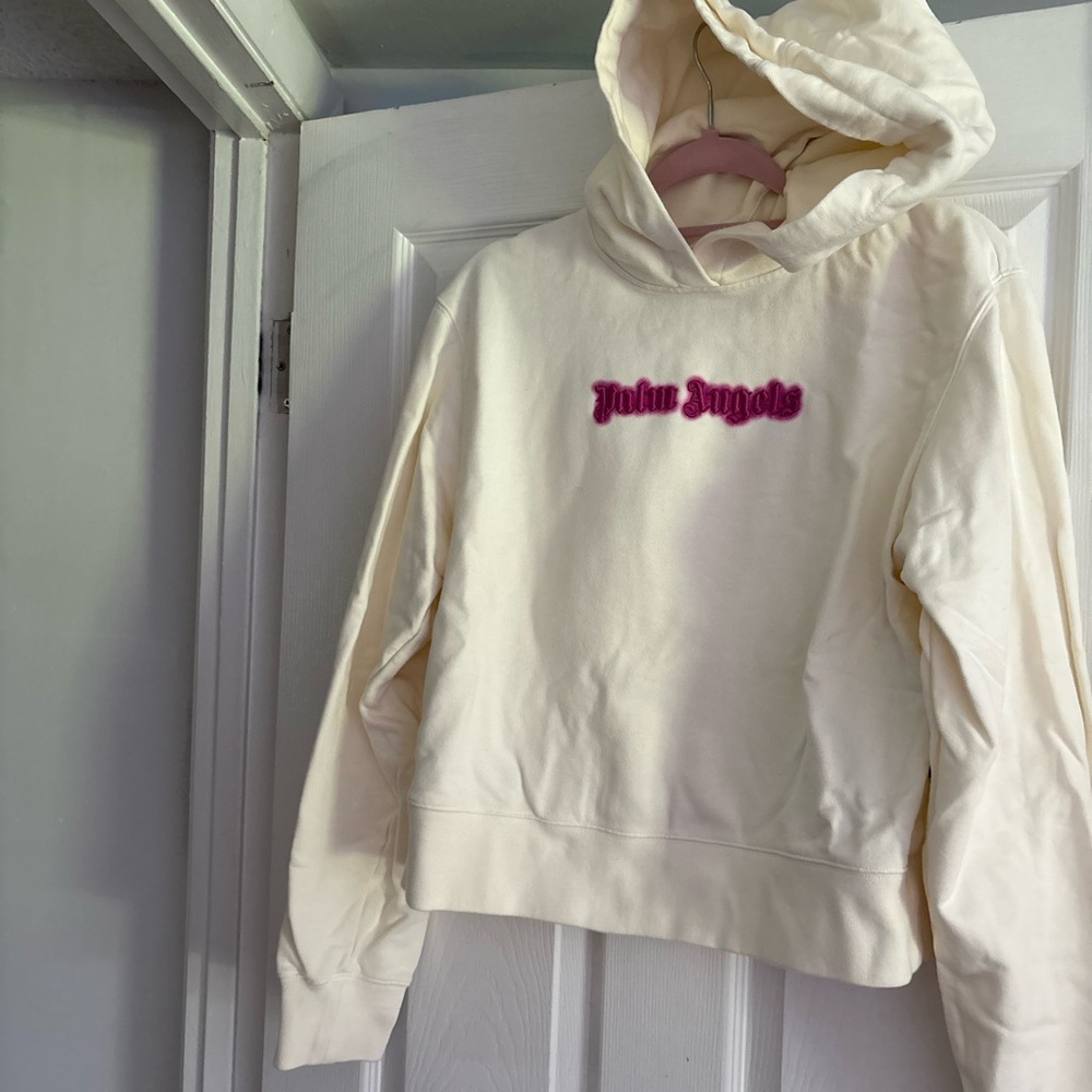 Palm Angels Cream Hoodie with Pink Logo